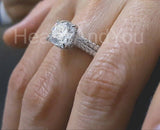 2.2ct Cushion Cut Simulated Diamond Bridal Set Hidden Halo 14k White Gold Plated