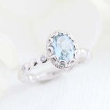 1.5ct Oval Cut Blue Aquamarine Diamond Accents Floral Ring 14k White Gold Finish