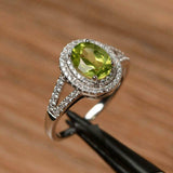 2.4ct Oval Cut Green Peridot Double Halo Engagement Ring 14k White Gold Finish