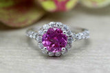 2.3ct Round Cut Pink Sapphire Engagement Ring Diamond Halo 14k White Gold Finish