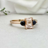1ct Engagement Ring Emerald Cut Peach Morganite Trilogy 14k Yellow Gold Finish