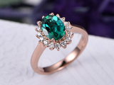 2.3ct Oval Cut Green Emerald Engagement Ring Diamond Floral 14k Rose Gold Finish