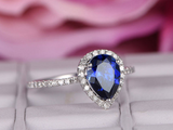 2ct Pear Cut Blue Sapphire Engagement Ring Round Accent Halo 18k White Gold Over