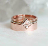 1.5ct Princess Cut Peach Morganite Bridal Set Engagement Ring 14k Rose Gold Over