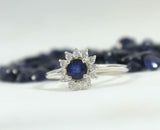 2.2ct Engagement Ring Round Cut Blue Sapphire Floral Halo 14k White Gold Finish