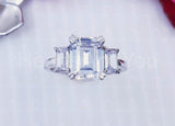 2.3ct Emerald Simulated Diamond Three Stone Engagement Ring 14k WhiteGold Plated