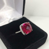 2.3ct Engagement Ring Cushion Cut Pink Ruby Diamond Halo 14k White Gold Finish
