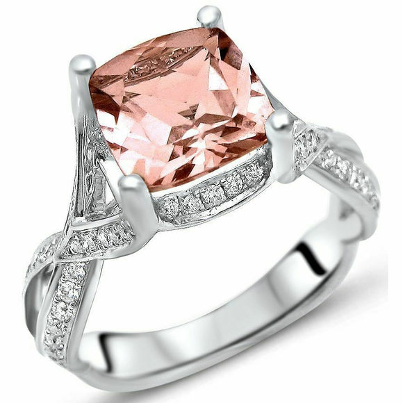 3Ct Cushion Cut Peach Morganite Split Shank Solitaire Ring 14K White Gold Finish
