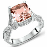 3Ct Cushion Cut Peach Morganite Split Shank Solitaire Ring 14K White Gold Finish