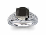 3ct Cushion Cut Black Diamond Cluster Accent Milgrain Ring 14k White Gold Finish