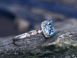 2.2ct Cushion Cut Blue Topaz Engagement Ring Diamond Halo 14k White Gold Finish