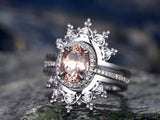2Ct Oval Cut Peach Morganite Halo Solitaire Ring and Guard 14K White Gold Finish