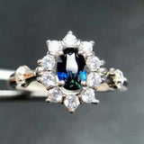 2.35ct Engagement Ring Oval Cut Blue Sapphire Floral Halo 14k White Gold Finish