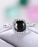 2.5Ct Cushion Cut Black Diamond Halo Ring 14K White Gold Finish Round Accents