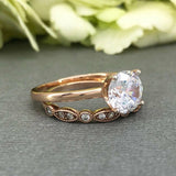 Milgrain Bridal Set Engagement Ring 1.6ct Round Cut Diamond 14k Rose Gold Finish