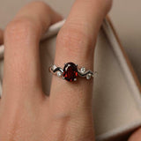 1ct Oval Cut Red Garnet Solitaire Round Wavy Accent Ring 14k White Gold Finish