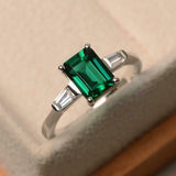 2ct Green Emerald Cut Trilogy Ring 14k WhiteGold Finish Tapered Baguette Accents