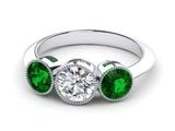 2ct Round Cut Diamond Emerald Accent 3 Stone Engagement Ring 14k White Gold Over