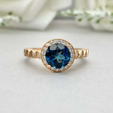 2.55ct Engagement Ring Round Cut London Blue Topaz Halo 14k Yellow Gold Finish