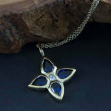 2ct Blue Sapphire Pendant with Chain Pear Cut Floral 14k Yellow Gold Finish