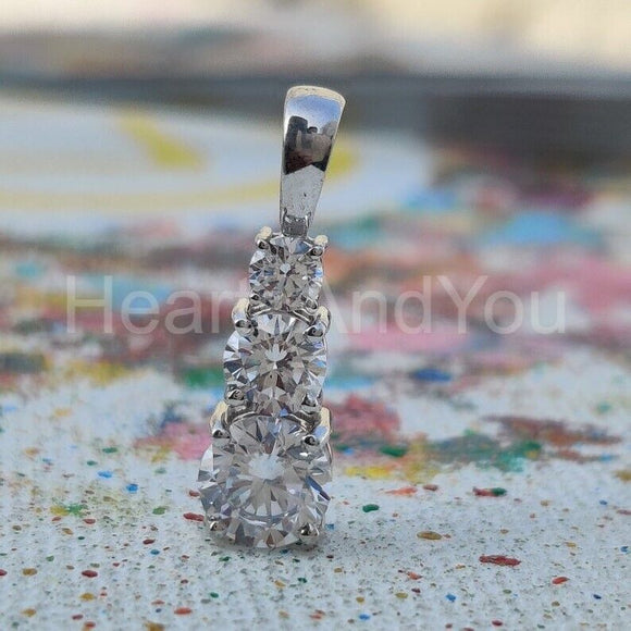1ct Round Cut Moissanite Three Stone Pendant 14k White Gold Plated NO CHAIN