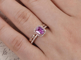2ct Emerald Cut Pink Sapphire Engagement Ring Halo Bridal Set 14k Rose Gold Over