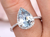 1ct Pear Cut Blue Aquamarine Halo Solitaire Engagement Ring 14k WhiteGold Finish
