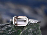1.5ct Emerald Cut Peach Morganite Solitaire Engagement Ring 18K White Gold Over