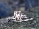 2.2Ct Emerald Cut Peach Morganite Bridal Set Engagement Ring 18K White Gold Over