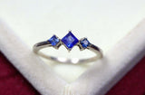 0.3ct Engagement Ring Princess Cut Blue Sapphire Trilogy 14k White Gold Finish