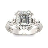 2Ct Emerald Cut Diamond Leaf Inspired Halo Engagement Ring 14K White Gold Finish