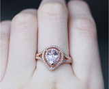 3ct Pear Peach Morganite Engagement Ring 14k Rose Gold Finish Double Halo Shank