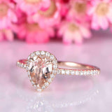 1.5ct Pear Cut Morganite Engagement Ring Diamond Accents Halo 14k Rose Gold Over