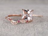 1ct Princess Cut Champagne Morganite Bridal Set Ring Band 14k Rose Gold Finish