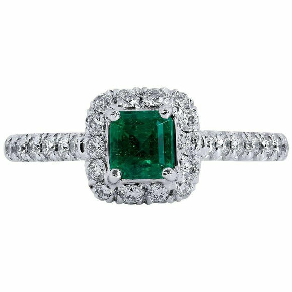 2ct Asscher Cut Green Emerald Engagement Ring Diamond Halo 14k White Gold Finish