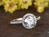Halo Solitaire with Accent Engagement Ring 2ct Round Diamond 14k White Gold Over