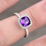 2.2ct Engagement Ring Cushion Cut Purple Amethyst Halo 14k White Gold Finish