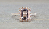 2ct Emerald Cut Peach Morganite Engagement Ring 14k RoseGold Finish Diamond Halo