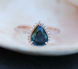 2ct Engagement Ring Pear Cut Blue Sapphire Round Accent Halo 14k RoseGold Finish