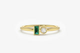 0.4ct Baguette Cut Green Emerald Two Stone Minimalist Ring 14k YellowGold Finish