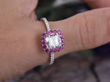 2ct Cushion Cut Diamond Engagement Ring Pink Sapphire Halo 14k White Gold Finish