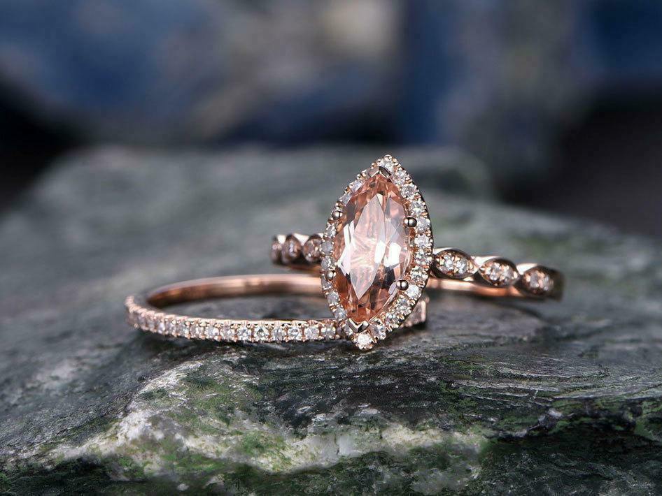 2ct Marquise Cut Morganite Bridal Set Halo Engagement Ring 14K