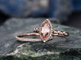 2ct Marquise Cut Morganite Bridal Set Halo Engagement Ring 14K Rose Gold Over