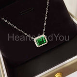 1ct Emerald Cut Simulated Green Emerald Halo Pendant Chain 14k White Gold Plated