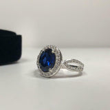 2.3ct Engagement Ring Oval Cut Blue Sapphire Split Shank Halo 14k WhiteGold Over