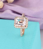 2ct Emerald Cut Peach Morganite Diamond Halo Engagement Ring 14k RoseGold Finish