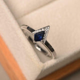 0.5ct Engagement Ring Kite Cut Blue Sapphire V Shape Crown 14k White Gold Finish