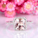 2ct Cushion Morganite Engagement Ring Diamond Accents Halo 14k White Gold Finish