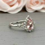 2ct Engagement Ring Pear Cut Morganite Leaf Inspired Halo 14k White Gold Finish