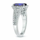 4Ct Emerald Cut Blue Sapphire Diamond Split Shank Halo Ring 18K White Gold Over